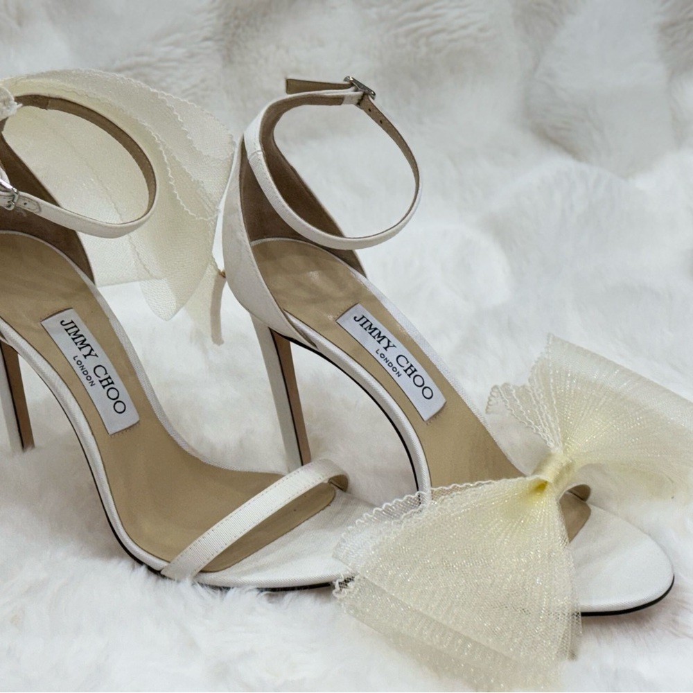 Jimmy Choo Ivory Bow Ankle-Strap Stiletto Heels